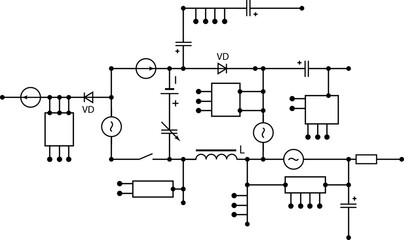 Electrical circuit diagram. Industry design element from components of conductors, connections, contour, controllers, transistors