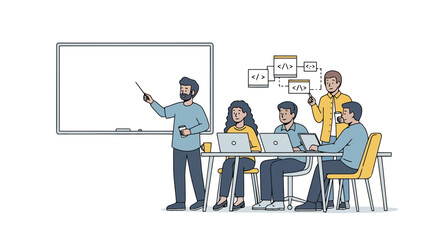 Collaborative Software Development Workshop Illustration Featuring Code Review and Teamwork. Ideal for showcasing Agile methodologies and tech training materials.