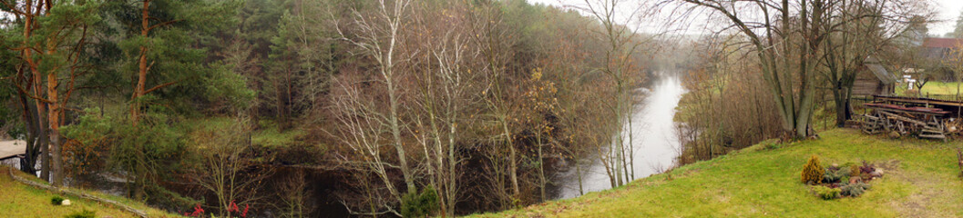 Tranquil Riverside Scene with Mixed Trees, Grassy Foreground, and Overcast Sky