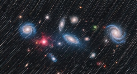 Obraz premium Striking display of diverse galaxies and celestial objects amidst cosmic rain effects