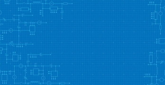 Electricity industry background with electrical circuit diagram. Vector background from components of conductors, connections, contour, controllers, transistors