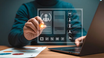 Person interacting with a futuristic digital interface displaying user profile data