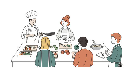 Engaging Cooking Class Illustration Showcasing Culinary Education and Hands-On Learning for Recipe Development and Nutritional Awareness Projects