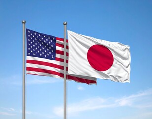 U.S. and Japan Flags Waving Against a Blue Sky