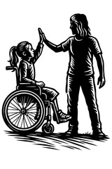 Black and White Illustration of Girl in Wheelchair High-Fiving Standing Woman – Disability and Inclusion Art