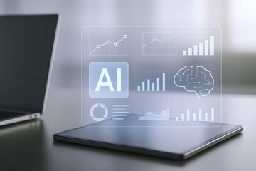 AI Technology Interface Displayed on Tablet Device, Featuring Brain Icon and Data Analytics