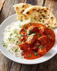plate of chicken tikka masala with rice and naan bread, Indian cuisine isolated on white