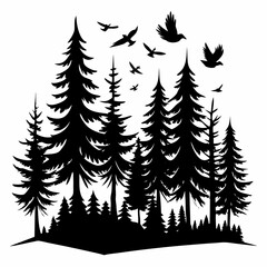 Obraz premium pine Forest in fly birds vector clean black silhouette design white background