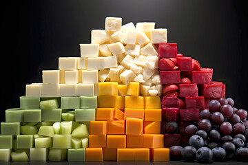 Colorful blocks of assorted cheeses and fruits arranged in a vibrant display against a dark background