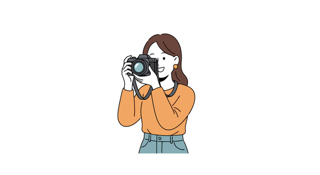Smiling Woman Photographer with DSLR Camera Ready to Capture Memories, Ideal for Travel Blogs, Photography Courses, and Creative Lifestyle Illustrations