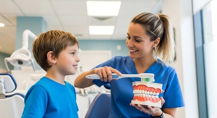 Friendly female dentist teaches a young boy proper dental hygiene using a teeth model. A positive concept for pediatric dentistry, oral health education, and preventative healthcare