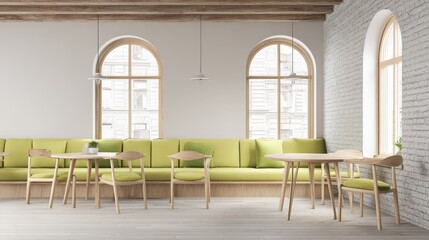 Fototapeta premium Cozy Cafe Interior with Natural Light, Modern Furniture, and Comfortable Seating for Relaxing Dining