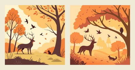 Watercolor Autumn Forest with Deer and Wildlife