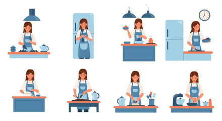 Woman Cooking in the Kitchen: Illustration of various stages of meal preparation, suitable for use in cookbooks, food blogs, or educational materials on cooking techniques.