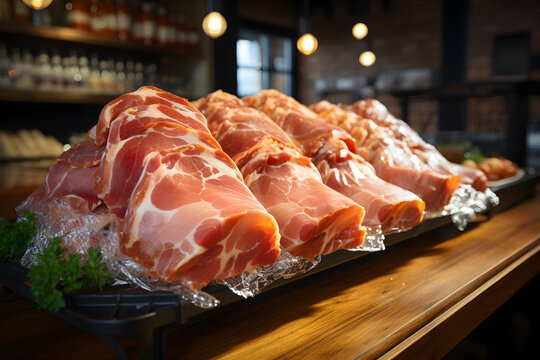 Freshly displayed cured meats at a local butcher shop showcase traditional culinary practices and craftsmanship