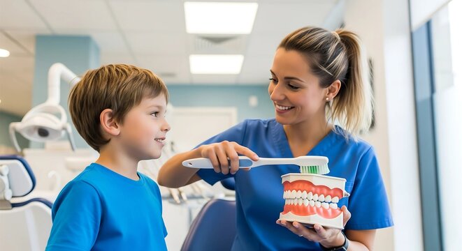 Friendly female dentist teaches a young boy proper dental hygiene using a teeth model. A positive concept for pediatric dentistry, oral health education, and preventative healthcare