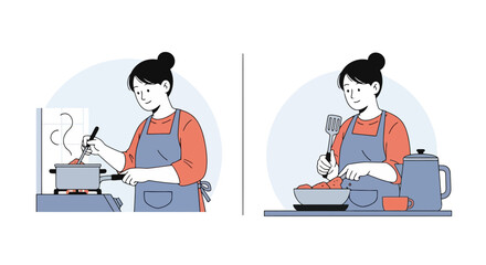 Woman Cooking Meal Preparation Vector Illustration for Culinary Blogs, Recipe Websites, and Food-Related Design Projects. Suitable for Healthy Lifestyle