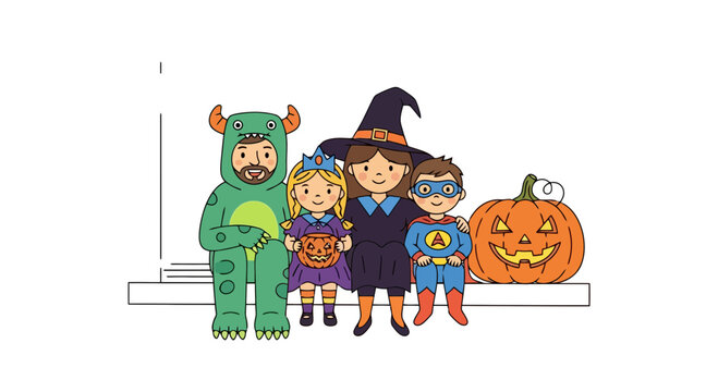 Whimsical Halloween Family Illustration Featuring Diverse Costumes and a Jack-o'-Lantern, Ideal for Holiday-Themed Marketing and Educational Materials