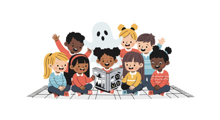 Diverse Group of Children Enthralled by a Spooky Halloween Storybook Illustration for Educational Materials and Festive Designs