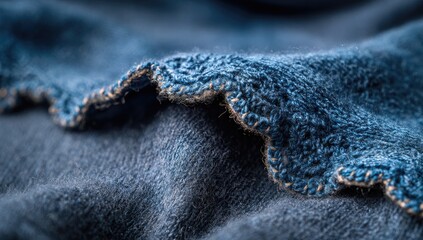Close-up of textured dark blue fabric with scalloped edge