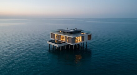 Modern stilt house over ocean at sunset glass walls, glowing interior, and tranquil sea horizon