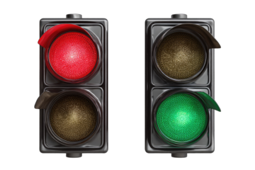Two traffic lights, one red and one green, against a black background