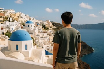 Obraz premium Man admiring stunning Santorini view.