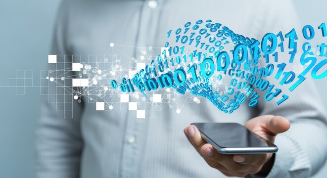 Digital Data Stream Emerging From Mobile Device Held by Person in Light Shirt