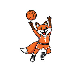 A cartoon fox in basketball uniform reaching up to catch the orange ball.