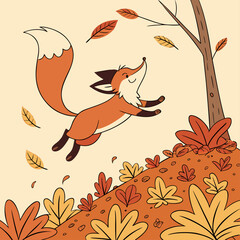 Fun Autumn Scene with Cute Fox Cub
