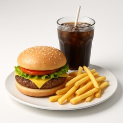 Juicy cheeseburger with crisp fries and refreshing soda on white plate. Generative AI