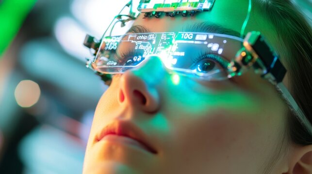 A woman wearing a pair of glasses with a green screen on them. The glasses are connected to a computer and the woman is looking at the screen