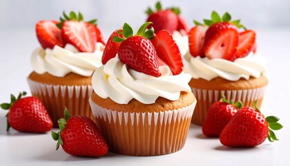 Delicious strawberry cupcakes with creamy white frosting and fresh strawberries on top, close-up of baked goods, perfect for food blogs, menus, and recipe presentations