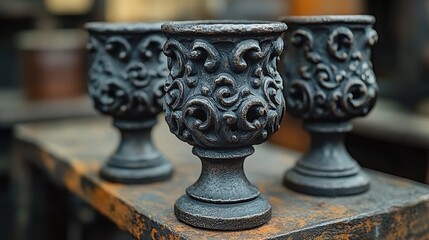 Three ornate dark metal goblets stand arranged on a rustic surface, evocative and decorative.