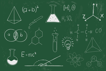 Science doodle hand drawn elements on school green blackboard chalk sketch drawing. Chemistry calculations formula lab flasks, idea set. 