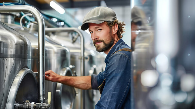 Confident brewer working at craft beer brewery with stainless steel tanks