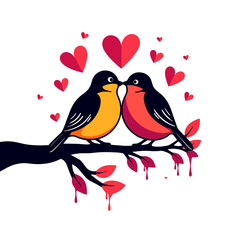Obraz premium Lovebirds on a Branch with Hearts, Romantic Nature Symbol