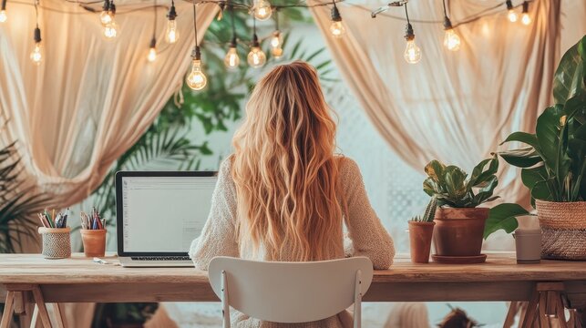 Woman Sits at Desk with Laptop Plants and Lights. Warm Setting Shows Connectivity and Communications, like Networks.