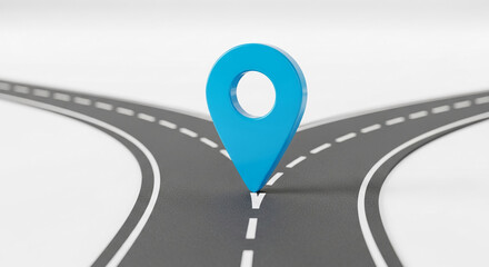 Blue location pin on a forked road, symbolizing choice, direction, navigation, or a journey's beginning Free space for text