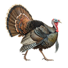 A male wild turkey strutting with its tail feathers fanned out isolated on transparent background