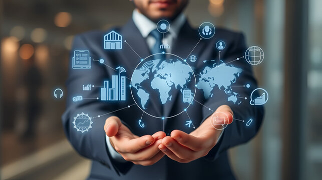 Introduction, businessman holding icons, business and global communication network, digital transformation strategies, market expansion initiatives, cutting-edge technology integration.