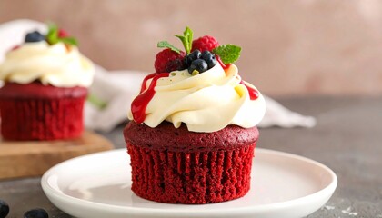 Delicious red velvet cupcake with cream cheese frosting, topped with berries and sauce, a gourmet dessert close-up on a white plate, perfect for menus and food blogs