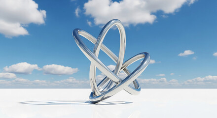 Silver metallic sculpture, intertwined rings against a bright blue sky with clouds, showcasing a concept of connection, balance or infinity, ideal for modern design or abstract art