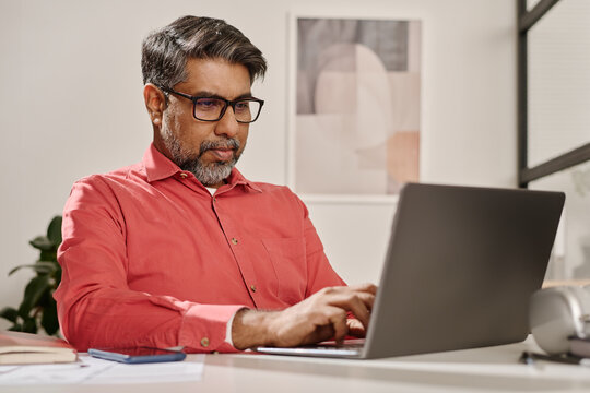Horizontal shot of mature Indian man wearing eyeglasses sitting at desk in modern office typing on laptop