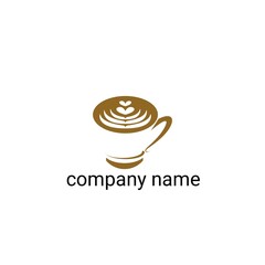 This logo features an illustration of an elegant brown coffee cup with a symmetrical heart-shaped latte art pattern on top of the coffee surface.