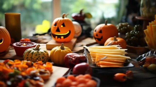 ハロウィンパーティー、かぼちゃと料理が並ぶリビングの動画
