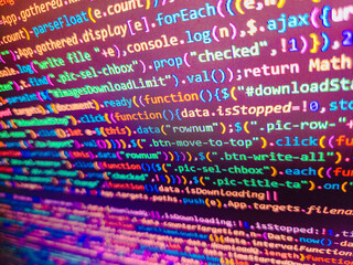 Background of software developer script. Database bits access stream visualisation. Web or application development, business and technology concept. Network hacking. Computer program preview