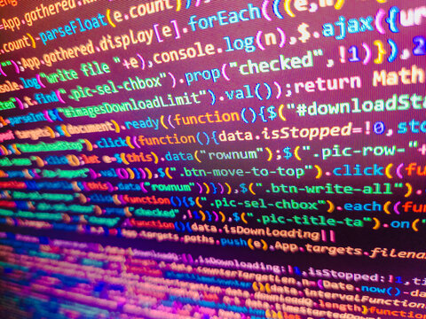 Background of software developer script. Database bits access stream visualisation. Web or application development, business and technology concept. Network hacking. Computer program preview