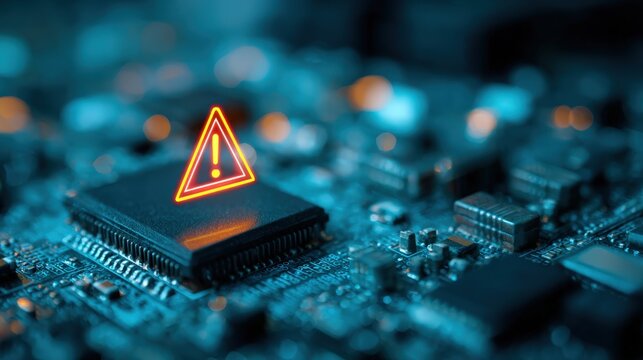 Cybersecurity Threat: Warning Symbol on Microchip, Indicating a System Vulnerability or Data Breach on a Circuit Board - Powered by Adobe