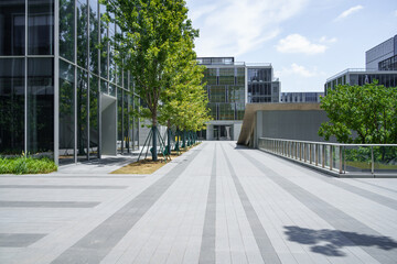 empty brick ground with modern building
